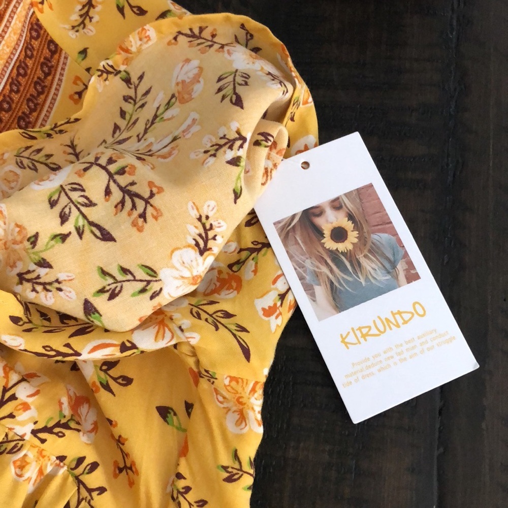Kirundo Mini Dress Bohemian Short Sleeve Size Large Mustard Floral New - Picture 13 of 13